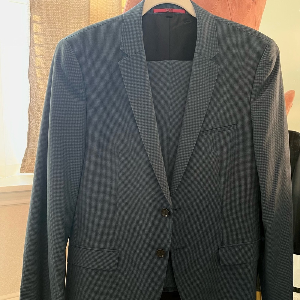 Worn once, Hugo jacket and pants suit. Blue Microcheck pattern.